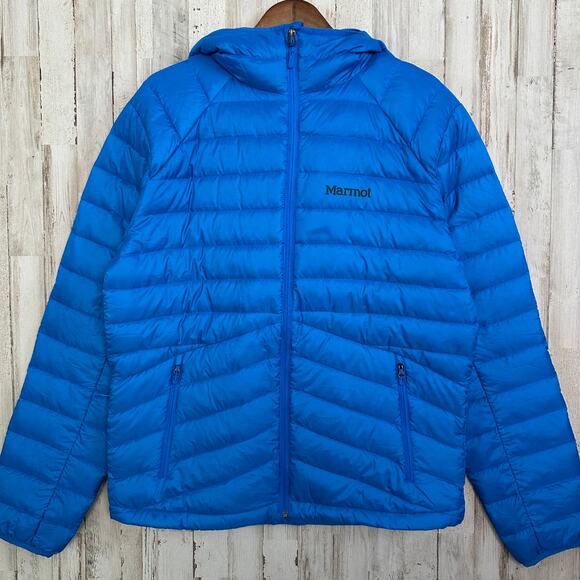 Marmot Highlander Hood Down Jacket Mens Large Blue Pertex 700 Fill Gorpcore EUC - Picture 1 of 16